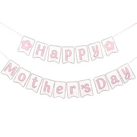 Happy Mothers Day Banner - Pre-assembled Mothers Day Decorations for Party, Mother's Day Best Mom Ever Flower Sign Bunting Garland for Home Fireplace Wall Office Photo Props Pink