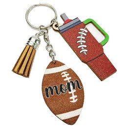 MMIUAEG Sports Rugby Football Baseball Basketball Mother's Day Gift Tassels Wood Mom Keychain for Mama