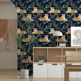 Fvlow Tiger Wallpaper Peel and Stick Vintage Blue Floral Contact Paper Jungle Animal Wallpaper Waterproof Self-Adhesive Wall Covering for Bedroom Countertop Desk Cabinet 17.4" x 118"