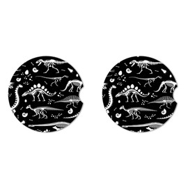 Teery-YY Black and White Dinosaur Skeleton Pattern Car Coasters 2 Pack for Cup Holders 2.6 Inches Ceramic & Cork Base Drinks Absorbent Auto Decor Accessories Universal for Women Men