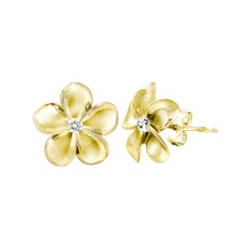 Honolulu Jewelry Company 14K Yellow Gold Plated Sterling Silver Plumeria Flower Nature Stud Earrings with CZ, 12mm