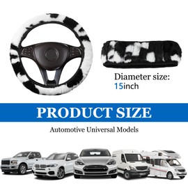 Hovom Cow Print Car Accessories Set, Soft Fluffy Plush Cute Cowprint Accessories for Women Girls, Include Steering Wheel Cover, Handbrake Cover, Gear Cover, Armrest Cover (Steering Wheel Cover)