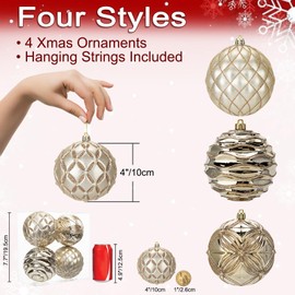 Oairse 4"/10cm Large Christmas Balls Ornaments Shatterproof Big Champagne Christmas Baubles Ornaments for Christmas Tree 4 Pcs Christmas Tree Ornaments for Xmas Trees Holiday Wedding Party Decoration