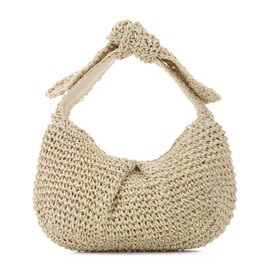 Ynport Crefreak Damen Strandtasche aus Stroh - Sommer Hobo Umhängetasche mit Schleifendetail, Handtasche mit Tragegriff oben für den Reiseurlaub, Beige
