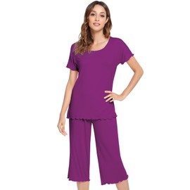 NACHILA Pajamas for Women-Viscose Made from Bamboo,Short Sleeve Sleepwear Cooling Pjs Top with Capri Pants Pajama Sets S-4X Grape Purple L