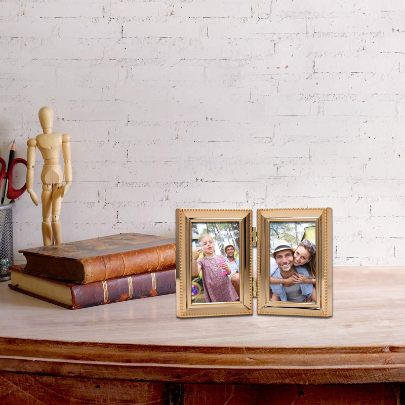 Lawrence Frames Classic Bead Picture Frame, 2.5x3.5 Double, Gold, 2