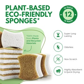 AIRNEX Natural Kitchen Sponges (12 Pack) - Biodegradable Cellulose & Coconut Scrubber Dish Sponge for Kitchen - Eco-Friendly, Non Scratch, Compostable, Non Toxic Natural Sponges for Dishes