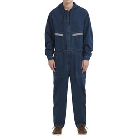 Yukirtiq Mens Denim Work Coveralls with Hood Heavy Duty Work Jumpsuit Loose Fit Coverall Hi Viz Mechanic Jeans Overalls, Blue, S