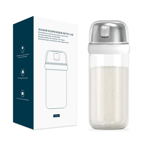 KITCHENDAO Glass Sugar Dispenser with Side Pour Spout, Built-in Lid