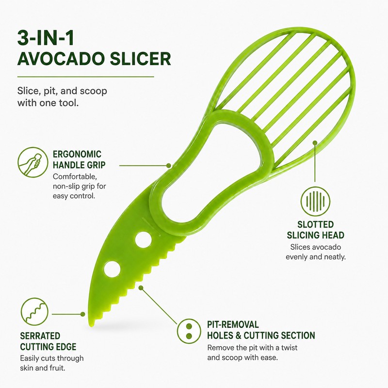3-in-1 Avocado Slicer for Kitchen Prep – Plastic Cutter, Pitter