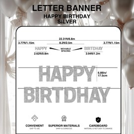 Pre-Strung Happy Birthday Banner – Silver Glitter Letter Garland, No DIY Party Decoration for Men Women, Wall or Window Backdrop | Bannière Joyeux Anniversaire Argent, Guirlande Prête à Suspendre, Déco Murale Fête