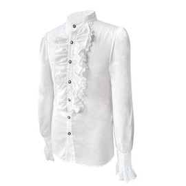Men's Steampunk Vintage Jacket Gothic Victorian Ruffled Blouse Vintage Long Sleeve Corset Top (White, X-Large)