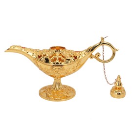 Gold Magic Genie Lamp Embossed Flowers Hollow Zinc Alloy Vintage Genie Lamp for Bedroom Office 22cm
