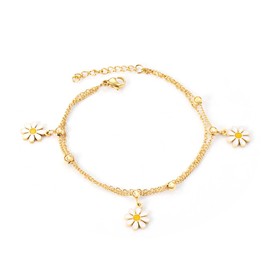 Daisy Beaded Chain Anklet for Women Girls Hypoallergenic Stainless Steel Dainty Layered Yellow White Enamel Sunflower Bracelets Anklet Adjustable Bohemian Summer Holiday Birthday Jewelry (Gold)