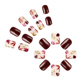 Red Press on Nails Maple Leaf Fake Nails Fall Nail Press ons Glossy Full Cover Glue on Nails Short Square False Nail Artificial Acrylic Stick on Nail for Women Girls Manicure 24Pcs