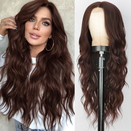 XIXIBI Brown Wig for Women, Long Chocolate Brown Wavy Wigs 26 Inches, Synthetic Middle Part Womens Wig Heat Resistant for Daily Party Use
