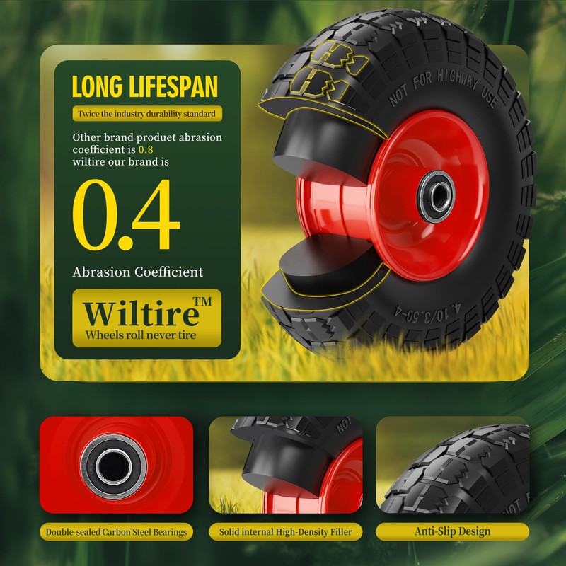 Wiltire (2 Pack) 4.10/3.50-4 Flat Free Tire and Wheel 10-Inch