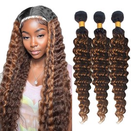 Niciitysi Ombre Deep Wave Bundles Human Hair T1BP4/30 Highlight Three Tone Color 4 Mixed With Color 30 Deep Curly Bundles 14 16 18 inch Double Weft Brazilian Hair Extensions for Women