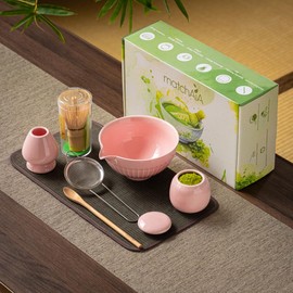 MatchAiA 6 Pcs Matcha Set - Ceramic Bowl with Spout, Matcha Whisk with Holder, Tea Powder Canister, Sifter and Spoon, Complete Kit for Traditional Matcha, Modern Lattes, and Tea Ceremonies (Pink)