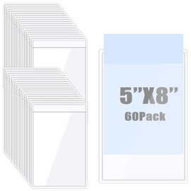 60 Pack Adhesive Pockets Clear Plastic Sleeves Shop Ticket Holders Bulk Top Load Label Storage Bin Index Card Pockets for Home Office Library Posting Sign (5 x 8 Inch)