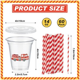 Qinyoung 60 Pcs Watercolor Fire Truck Party Cups with Lids and Paper Straws 14 oz Disposable Clear Plastic Cups for Firefighter Birthday Party Favor Supplies Decorations