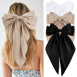 MKUCCD 3Pcs Hair Bows for Women White Black Hair Bow Khaki Big Bows Clips for Girls Silky Satin Large Hair Ribbons Oversized Tail Bows Hair Barrettes Hairs Accessorie (Black+White+Khaki)