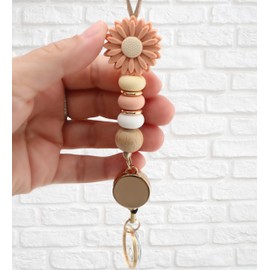 MyfavoriteK Cute Teacher Lanyard Silicone Beads ID Badge Holder Flower Lanyards with Retractable Badge Reel Card Holder for Office Nurse (Rose)