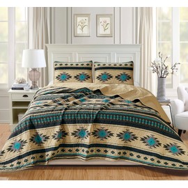 Chezmoi Collection 3-Piece Southwestern Geometric Tribal Quilt Set - Multicolor Teal Beige Black Gray Lightweight Quilted Bedspread Set, Full (90" x 95")