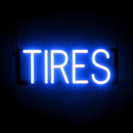 SpellBrite TIRES Sign | Auto Service-Related Sign with Neon Look, Blue LED Light Source | 17.4" x 6.3"