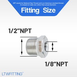 'Brass Fittings 316 Stainless Steel Hex Reducer Bushing Sockets 1/2 "Male Thread x 1/8 Female NPT (Pack of 5)