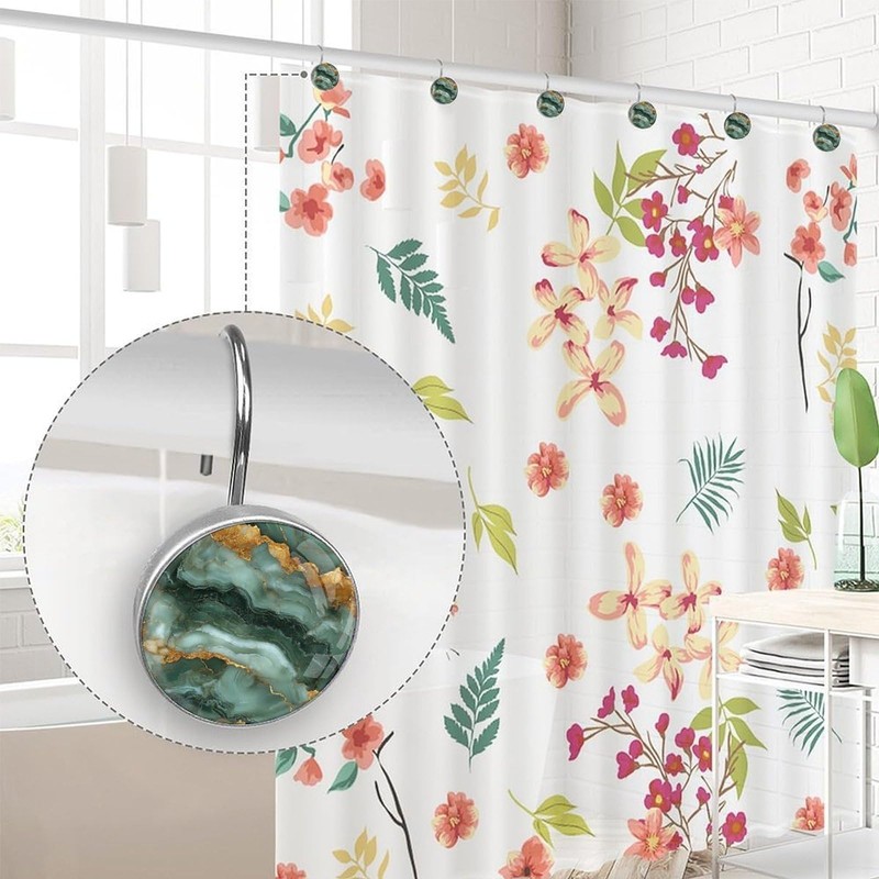 Marbling Shower Curtain Hooks,12 Pcs Rust Proof Glass Surface Stainless