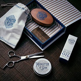 MonsterSon - Kit de barba de 7 piezas, aceite para barba, blsamo para barba, peine para barba, tijeras, bolsa de viaje de lona, kit de aseo masculino 