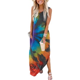 FANDEE Womens Maxi Dresses Tie Dye Printed Sun Dresses Women Summer Casual Sleeveless Side Split Long Summer Dresses with Pockets Tie Dye Grey Small