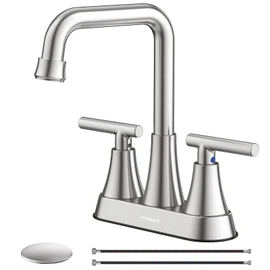 Bathroom Sink Faucet, Hurran 4 inch Brushed Nickel Bathroom Faucets for Sink 3 Hole with Pop-up Drain and Supply Lines, Stainless Steel 2-Handle Centerset Faucet for Vanity RV Restroom