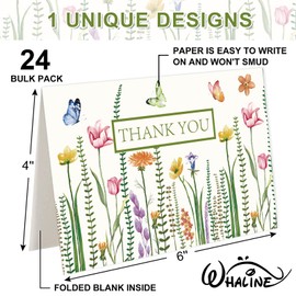 Whaline 24 Pack Wildflower Thank You Cards Bulk Watercolor Flower Butterfly Greeting Cards with Green Envelopes Stickers Spring Floral Blank Note Cards for Birthday Wedding Baby Shower Bridal Shower
