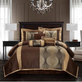 Stratford Park Elegant Brown Comforter Set King 7 Piece Bed in a Bag, Striped, Jacquard Bedding Set All Season, Matching Decorative Pillows, Pillow Sham