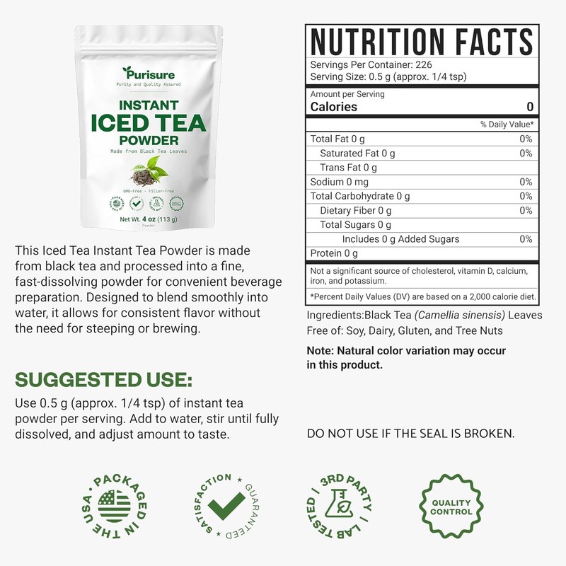 Purisure Unsweetened Instant Black Iced Tea Powder – Made from