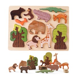 Wooden Teether Wooden Puzzle, Puzzle, Toys, Animal Puzzle, 11 Pieces, Inset Puzzle, Shape, Pick-up Puzzle, Forest and Animals, Building Blocks, Educational Toys, Montessori, Wooden Toys, Animal