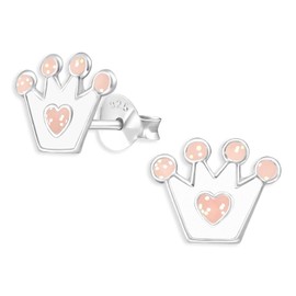 Monkimau Children's Earrings Princess Crown Stud Earrings 925 Sterling Silver White Pink Enamelled, Sterling Silver
