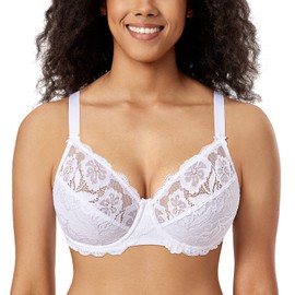 Delimira Women's Underwired Full Coverage No Padding Floral Lace Plus Size Bra White 42 D