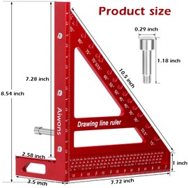 Aiwons 8.5 inch 3D Multi-Angle Measuring Ruler -Large Precision Woodworking 3D Square Protractor 15-90 Degree and Miter Triangle - Aluminum Alloy Drawing Line Ruler for Engineer Carpenter Red
