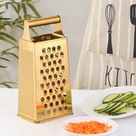 TEAHAHA 4 Sides Box Grater For Kitchen,Stainless Steel Cheese Grater With Handle,Multi-Function Vegetable Slicer Food Shredder For Chees,Ginger,Vegetables,Dishwasher Safe, Gold