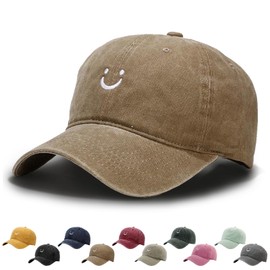WENAUANG Unisex Smiley Face Retro Cotton Baseball Cap, Washed Distressed Look, Suitable for Outdoor Sports, for Men and Women, khaki