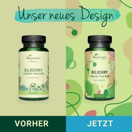 Bio Bilberry & Pine Bark Capsules Vegavero®, Anthocyanins from Blueberry Extract Feno-Myrtillus® & Pine Bark Extraction from Finland, Vegan & No Additives, Pack of 90