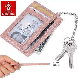 Unbranded Women's Genuine Leather RFID Card Holder Thin Front Pocket Wallet with Keychain