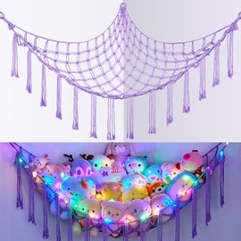 Basumee Stuffed Animals Net or Hammock with LED Light, Hanging Stuffed Animals Storage Toy Hammock Net Corner Wall Girls Room Decor Toy Storage Organizer, Purple, L