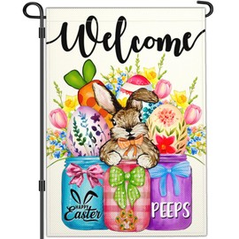 NASIAN Happy Easter Garden Flag Welcome Bunny Peeps Spring Yard Garden Flags for Outside 12x18 Double Sided 3 Layer Polyester Outdoor Easter Decorations