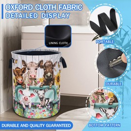 Farm Cow Pigs Laundry Basket Highland Cattle Animals Oxford Cloth Laundry Hamper With Handle Foldable Portable Clothes Storage Basket 18.9 X 16.5 Inch Storage Bag For Laundry Room/Bathroom/Bedroom