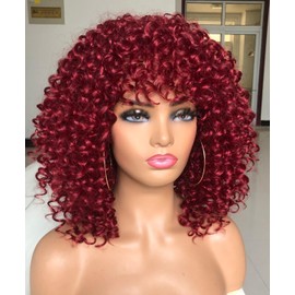 GEMBON Curly Afro Wigs for Black Women Kinky Curly Wig with Bangs Synthetic Fiber Natural Looking Glueless Hair for Daily Wear