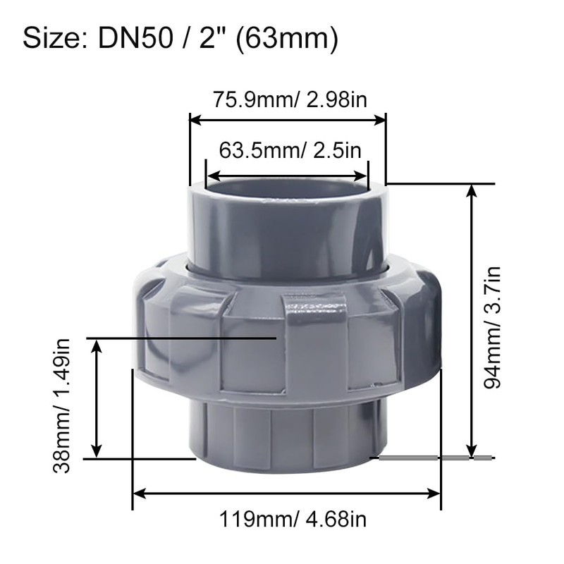 63mm x 63mm PVC Pipe Fitting Union Connector Solvent Socket,